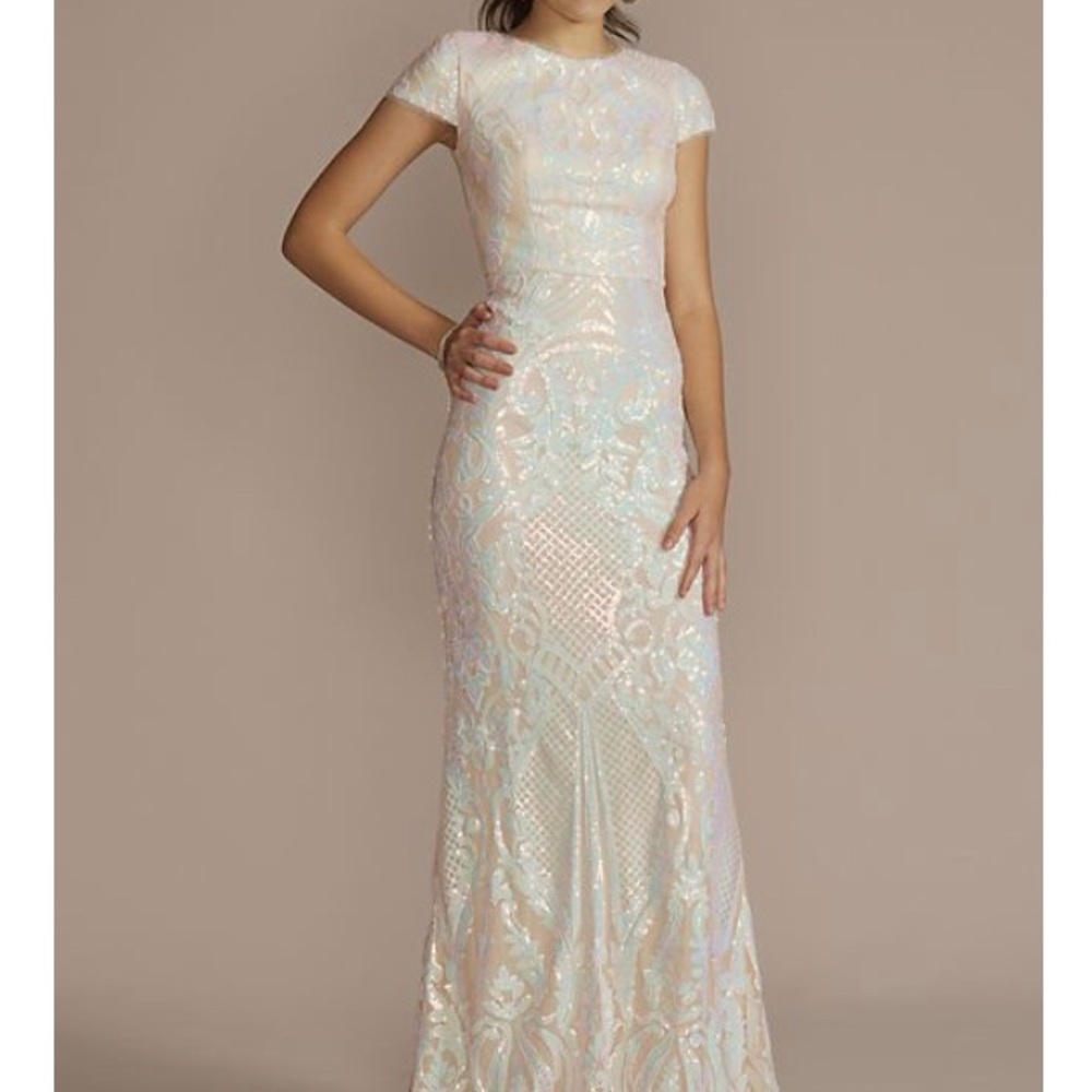 Jules and Cleo by David’s Bridal Cap Sleeve White Iridescent Formal Dress